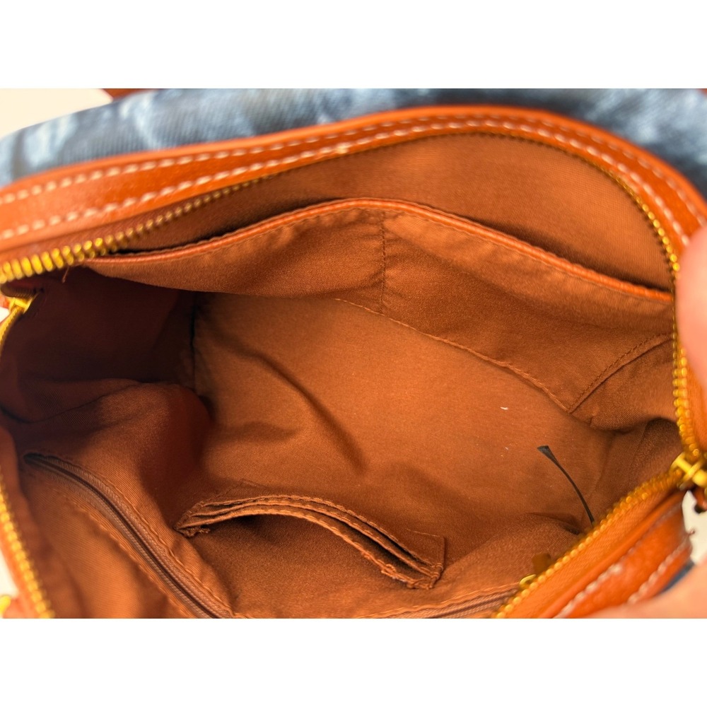 Angel Kiss Satchel Handbag Blue Tie Dye Denim Print Cognac Brown Trim Gold Tone - Picture 7 of 13